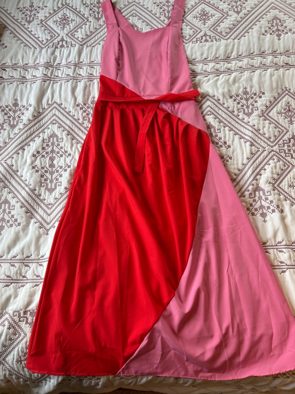 Pink and Red Colorblock Cross-Back Dress with Wrap Panel